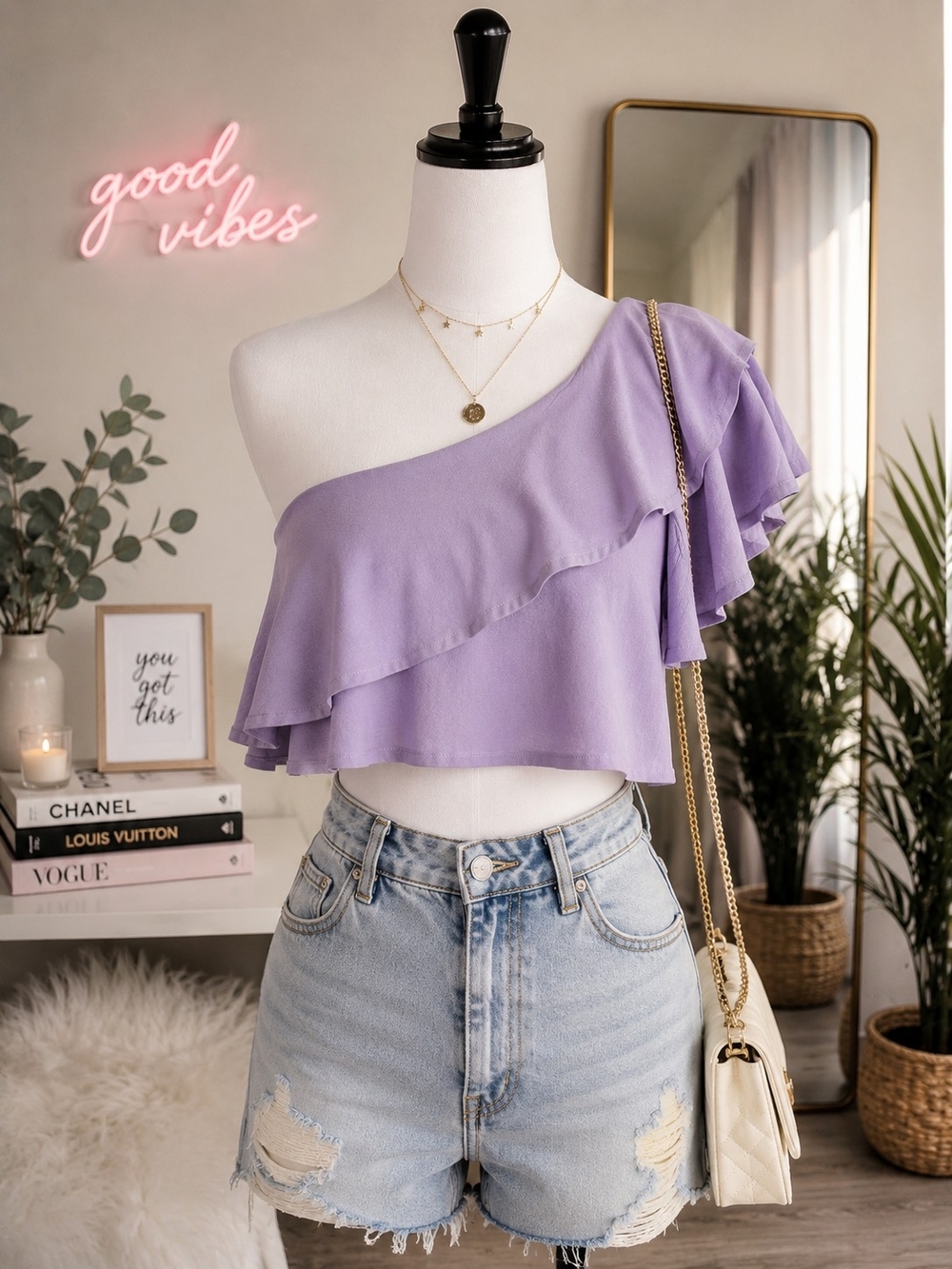 Maeve Lavender One-Shoulder Ruffle Crop Top